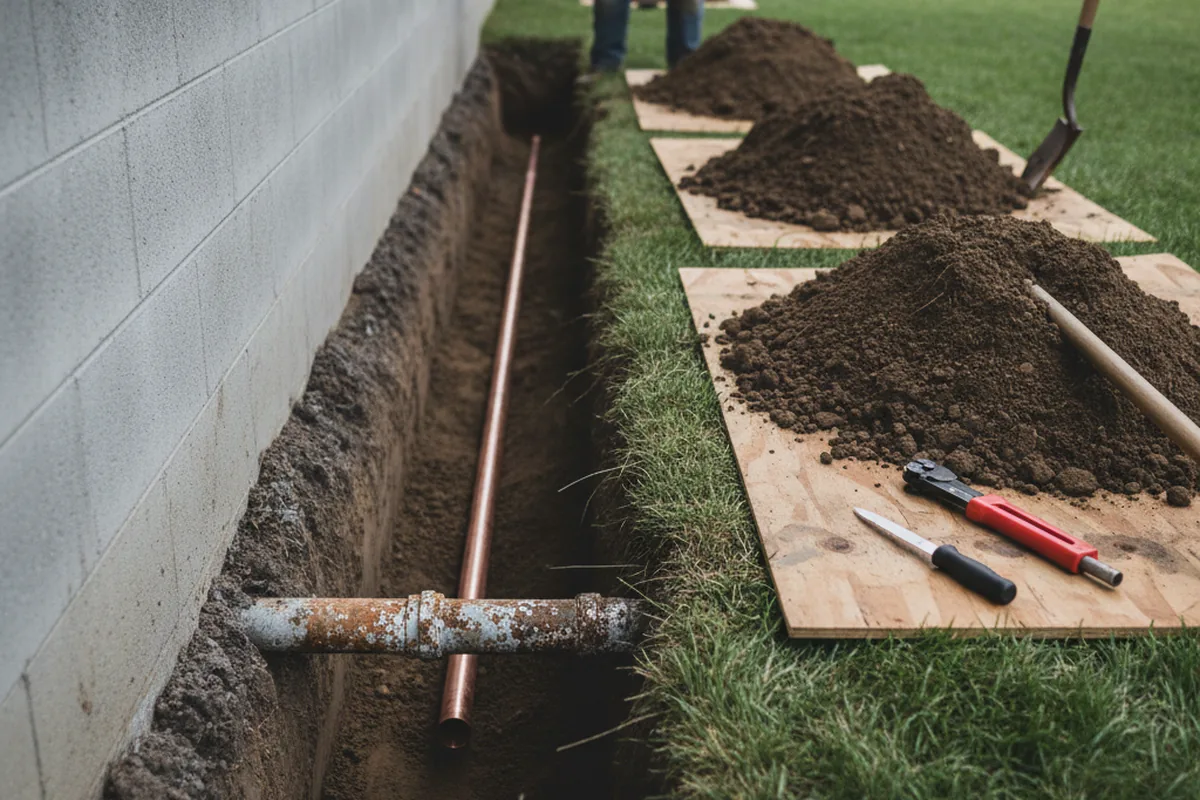 Excavated water line trench during Sewer Line Repair in Leonia